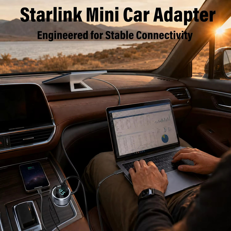 Autoladegerät für Starlink Mini mit USB-C Anschluss und Digitalanzeige, 3 Meter DC-Stromkabel als Zigarettenanzünder-Adapter, Schwarz - Bild 2