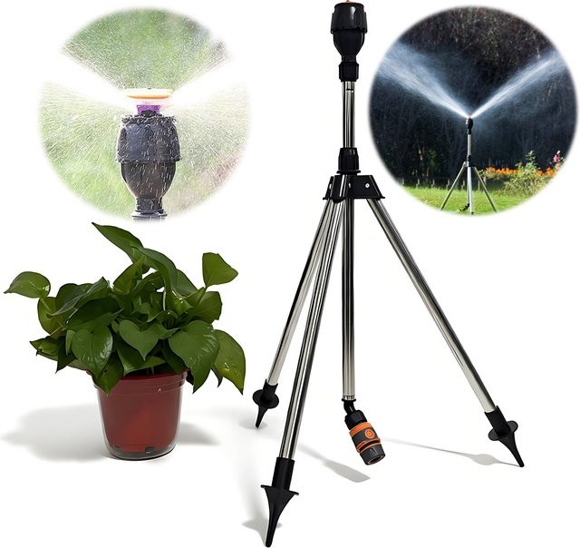 TUBEBEANS Automatischer 360-Grad Garten-Sprinkler mit Edelstahl-Stativ-Set in Silber für kreisförmige Bewässerung von Rasen und Garten - Bild 1
