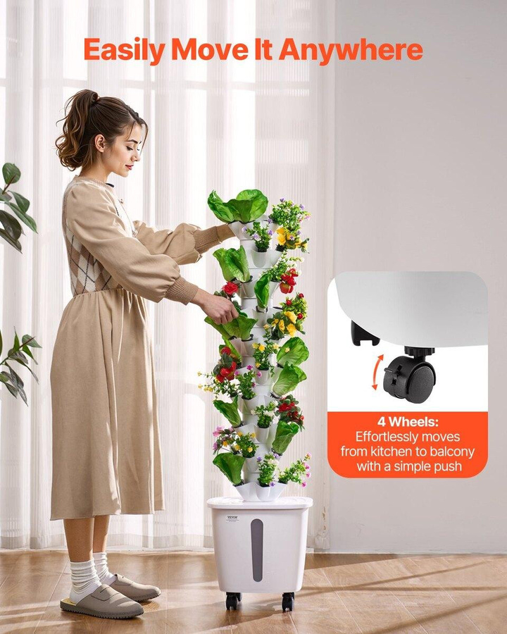 Buying Solutions MB Hydroponisches Anbausystem in Weiß, Vertikaler 10-stufiger Hydroponik-Turm mit 50 Töpfen, Mobiler Hydroponik-Garten auf Rädern inklusive Wasserpumpe für Zimmerpflanzen, Kräuter, Obst und Gemüse - Bild 2