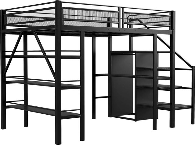 Merax Hochbett für Erwachsene in Schwarz mit Tisch, Schrank, Regal und Treppe, B/T/H: 200 x 140 x 252 cm - Bild 1