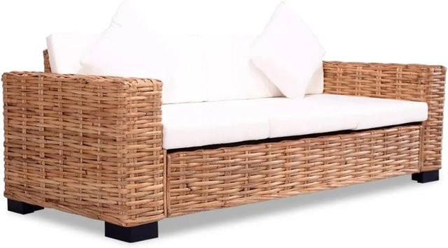vidaXL 3-Sitzer-Sofa aus Natur-Rattan und Mango-Holz mit Polsterung in Beige und Weiß - Bild 1