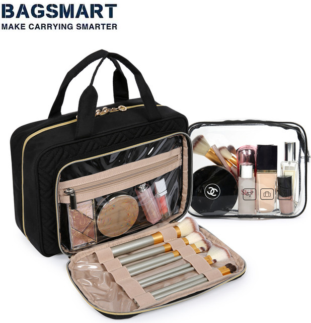BAGSMART Kosmetiktasche mit transparentem Etui und Badezimmer-Haken als Reise-Kulturbeutel und Make-up-Organizer für Damen in Pink und Black - Bild 1