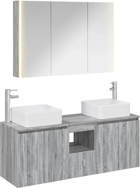 vidaXL Badezimmerschrank-Set 4-teilig in Grau, modern mit Waschtischunterschrank, Spiegelschrank mit LED-Beleuchtung und Wandschränken, B/T/H: 63,0 x 50,0 x 58,55 cm - Bild 1