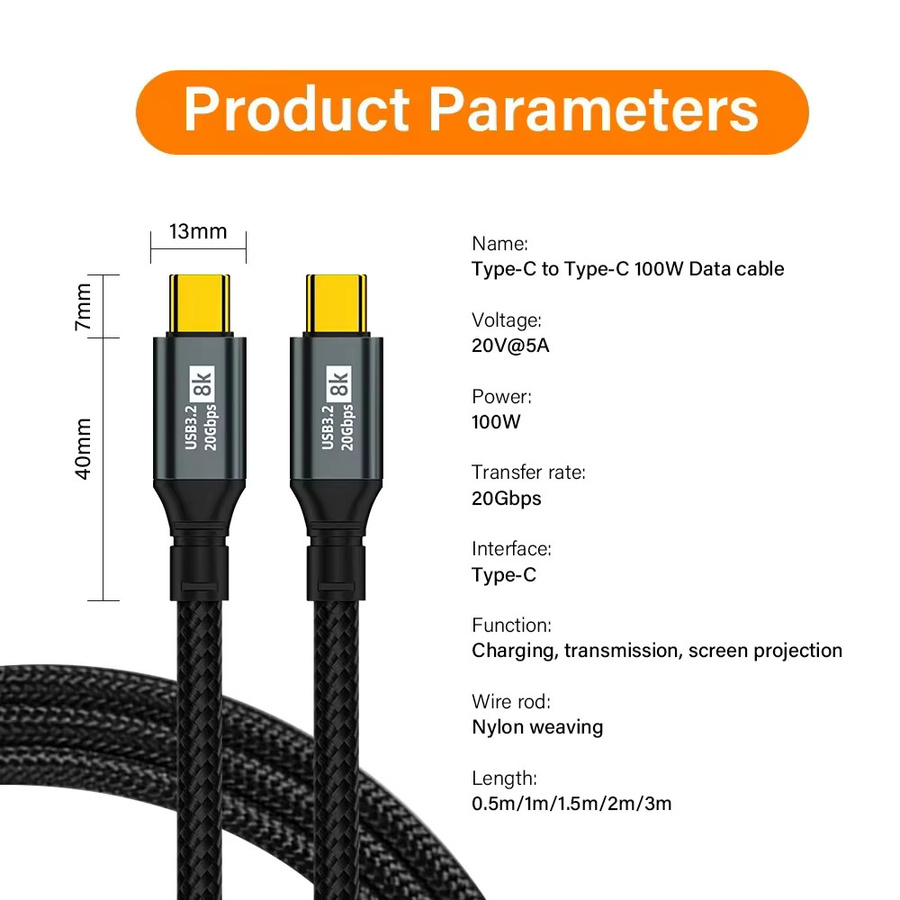 NNBILI USB-C auf USB-C Kabel Thunderbolt 3 USB 3.2 20 Gbit/s 8K@60Hz Schwarz - Bild 6