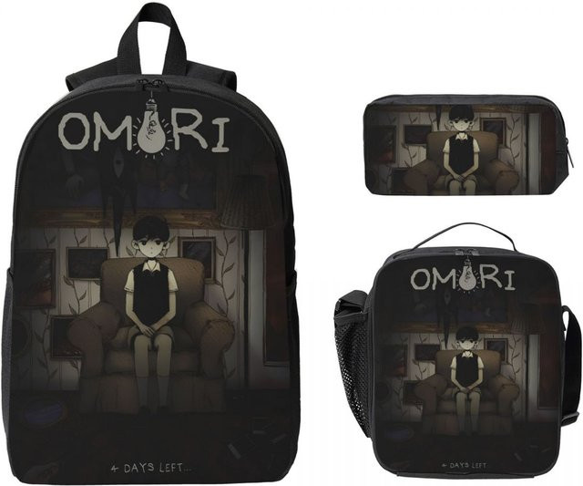 Fancy Style Studio Omori Videospiele Schultaschen Set für Kinder in Schwarz mit Federmäppchen und Brotdose, 3-teilig - Bild 1