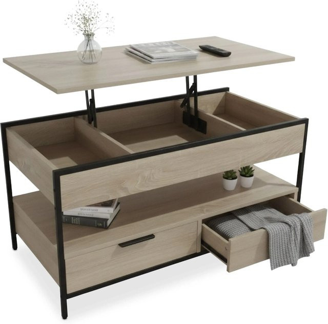 Relaxdays Couchtisch aus Holzwerkstoff und Eisen in Hellbraun und Schwarz, höhenverstellbar und ausklappbar, B: 100 cm, T: 40 cm, H: 48 bis 63 cm - Bild 1
