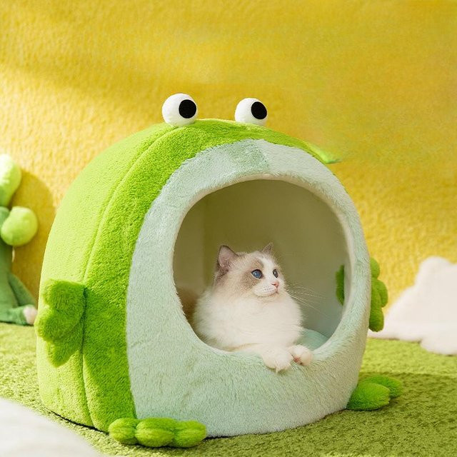 Warmes Haustiernest mit Cartoon-Frosch-Design für Katzen und Hunde, winddicht und weich, Farben: Braun und Grün, B/T/H: 35 x 35 x 32 cm - Bild 1