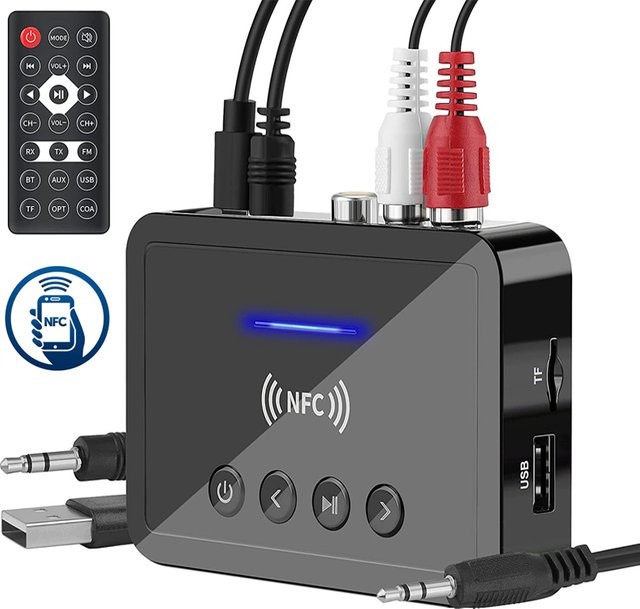 VIKEFON Bluetooth 5.0 Empfänger und Sender mit optischem Anschluss, 3,5mm Jack und RCA in Schwarz mit Fernbedienung für TV und Car Kit - Bild 1