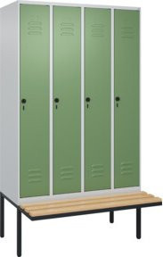 C+P Spind Classic PLUS Garderobenschrank mit Sitzbank, 4 Abteile, B/T/H: 212 x 120 x 81,5 cm, Sicherheits-Drehriegel, 4 Garderobenhaken und mittiger Trennwand, auskragende Sitzbank aus Stahl und Buche-Hartholz - Bild 1