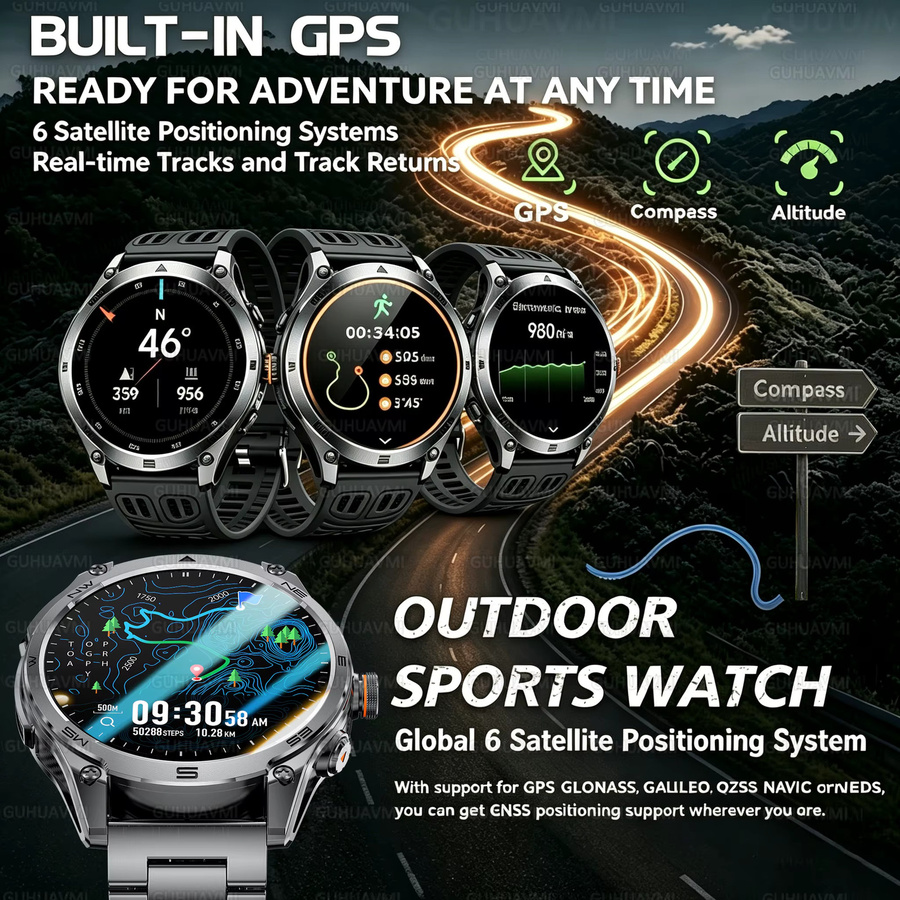 GUHUAVMI Smartwatch, GPS, 10 ATM, Silikon, Schwarz, Orange, Herren - Bild 2
