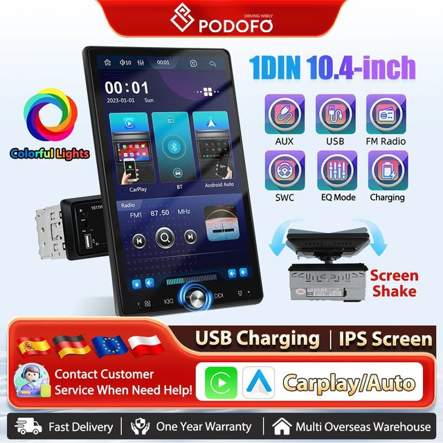Podofo Multimedia Player mit 10,4 Zoll vertikalem Bildschirm, Wireless CarPlay und Android Auto, FM/RDS, Bluetooth, Mirror Link, MP5 Auto Stereo, Schwarz - Bild 1