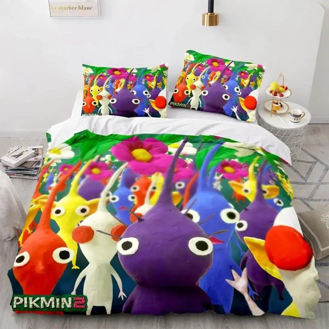 Jinmeige Pikmin Bettwäsche-Set mit 3D-Design, bestehend aus Bettbezug und Kissenbezug, Mehrfarbig, B/H: 135 x 200 cm - Bild 1