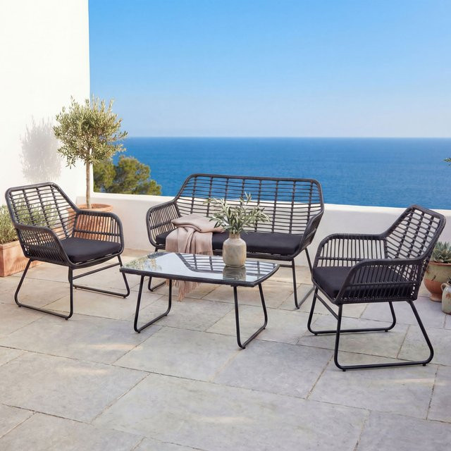 MCW Polyrattan Garten Garnitur G17a 4-teiliges Sitzgruppe Set aus Seil in Anthrazit mit Polstern in Anthrazit - Bild 1