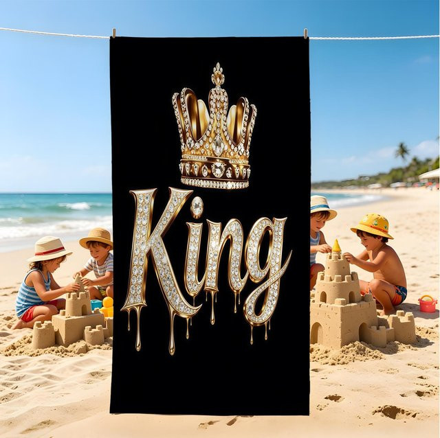 JMG Household Supplies Strandtuch König Königin Krone aus Mikrofaser, Schwarz Gold Pink, B/B: 75 x 150 cm - Bild 1