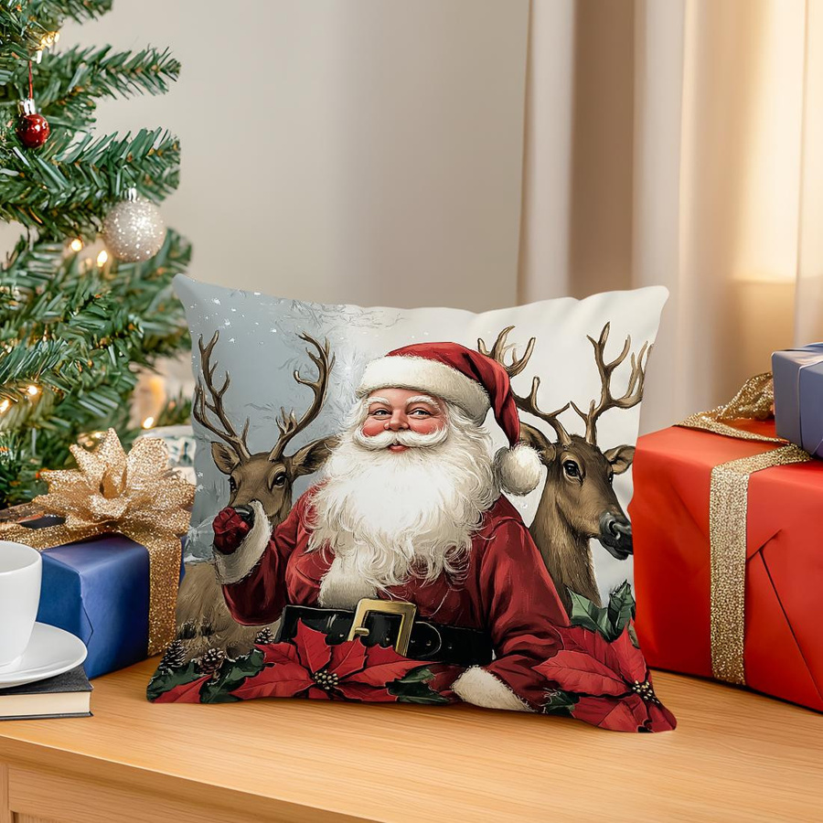 Dekokissen Kissenbezug mit Retro Weihnachtsmann und Rentier aus Polyester, B/B/H: 18 x 18 x 18 cm - Bild 6