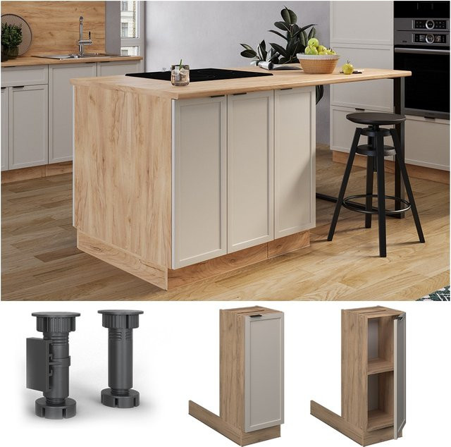 Vicco Regalinselunterschrank Fame-Line Küchenunterschrank in Eiche Grau-Beige mit Soft-Close-Scharnieren und Regalböden - Bild 1