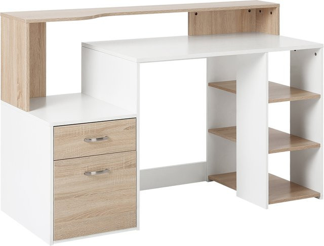 HOMCOM Computertisch für Büro oder Zuhause mit 2 Schubladen und 3 Einlegeböden in Weiß und Beige - Bild 1