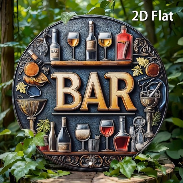 Potdemiel Vintage-Metallschild Bar Motiv mit Wein und Gläsern, rundes Retro-Wandkunst Poster aus Aluminium, Mehrfarbig, Durchmesser: 20 cm - Bild 1