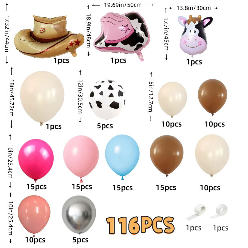 116-teiliges Western-Cowboy Ballonbogen-Set zur Dekoration für Geburtstage in Khaki, Rosa, Blau und Mehrfarbig mit Cowboyhut-Aluminiumfolienballons und Latexballons - Bild 2