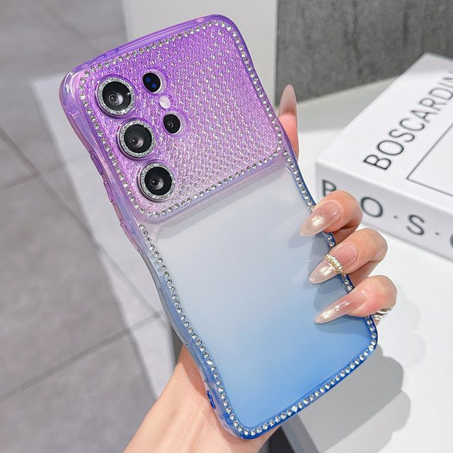 Luxuriöse transparente Samsung Galaxy S26 S25 S24 Ultra Plus Schutzhülle mit Farbverlauf, Diamantenbesatz und gewelltem Rand in Pink, Blue und Multicolour - Bild 1