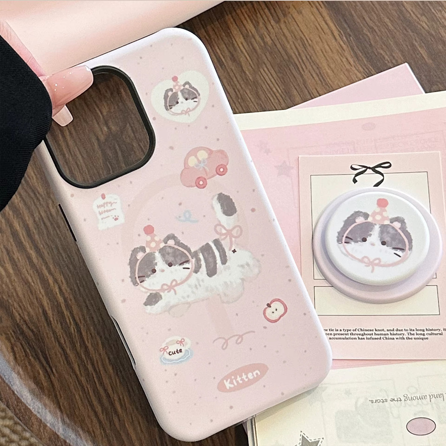 Potdemiel Handyhülle mit rosa Cartoon-Katze und magnetischer Halterung für iPhone 11 bis iPhone 17 Air, stoßfeste weiche Schutzhülle - Bild 2