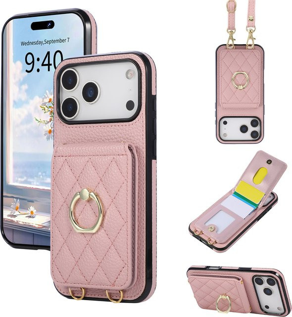 Lederne Crossbody Handyhülle mit Lanyard und Ring für Apple iPhone 7 bis 17 Pro Max in Schwarz und Pink - Bild 1