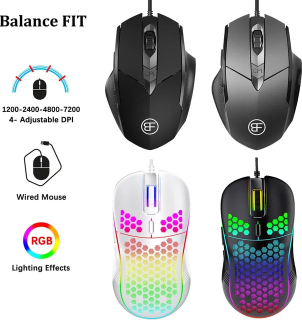 BalanceFit RGB Gaming-Maus mit 6 Tasten und einstellbaren 4-7200 DPI, ergonomisches Design, Schwarz - Bild 1