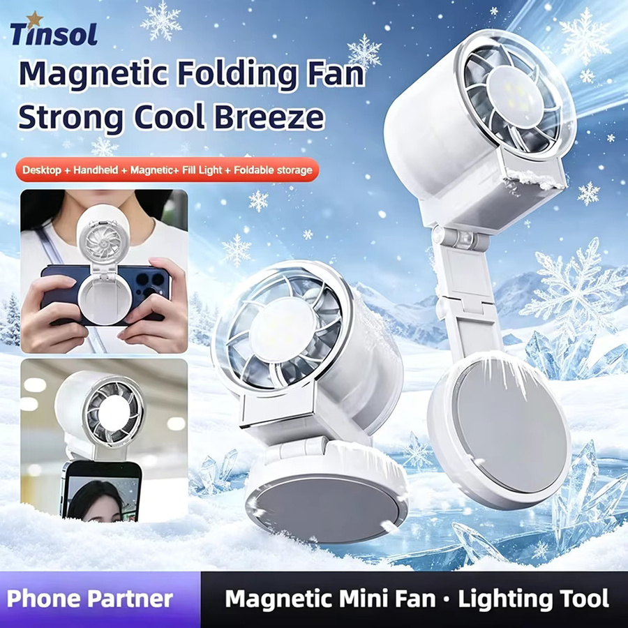 TINSOL Magnetischer Mini-Elektroventilator in Weiß, faltbarer Outdoor-Lüfter mit magnetischem Stahlring für Live-Streaming und Selfies - Bild 3
