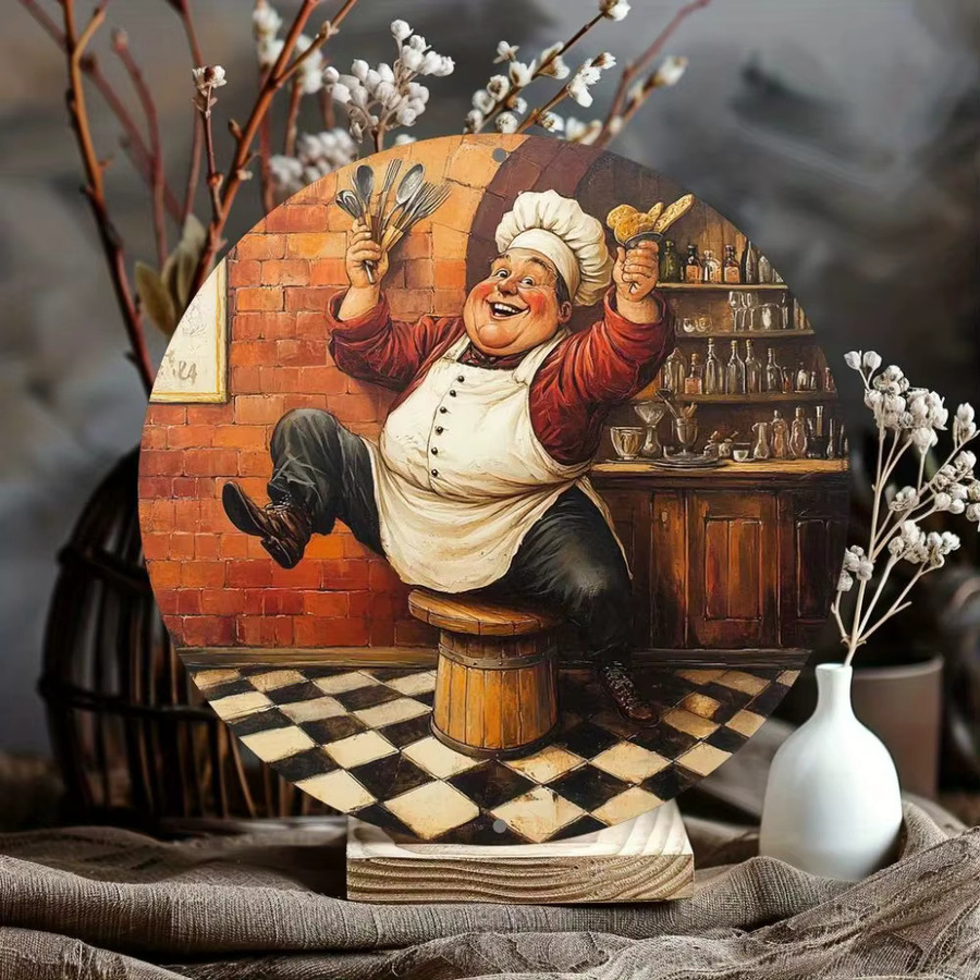HELLOYOUNG Klassische 2D-Chef-Wandkunst aus Metall, rundes Küchendekor-Schild, grün/mehrfarbig, Durchmesser: 20,3 cm - Bild 4
