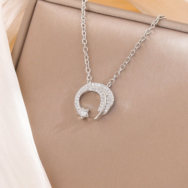 Halskette GaGa-Duck, 925 Silber, Kristall, Mond- und Stern-Anhänger, Unisex - Bild 1