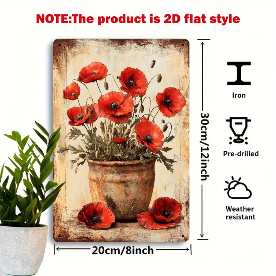 Potdemiel Wandkunst Mohnblumen aus Metall in Rot und Orange, Rustikales Vintage Blumenschild im Bauernhaus-Stil, Breite: 20,3 cm, Höhe: 30,5 cm - Bild 2