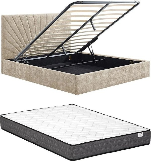 Vente-unique Bett Ribiola im Art Déco Stil mit Bettkasten in Beige, B/T/H: 160 x 200 x 213 cm - Bild 1