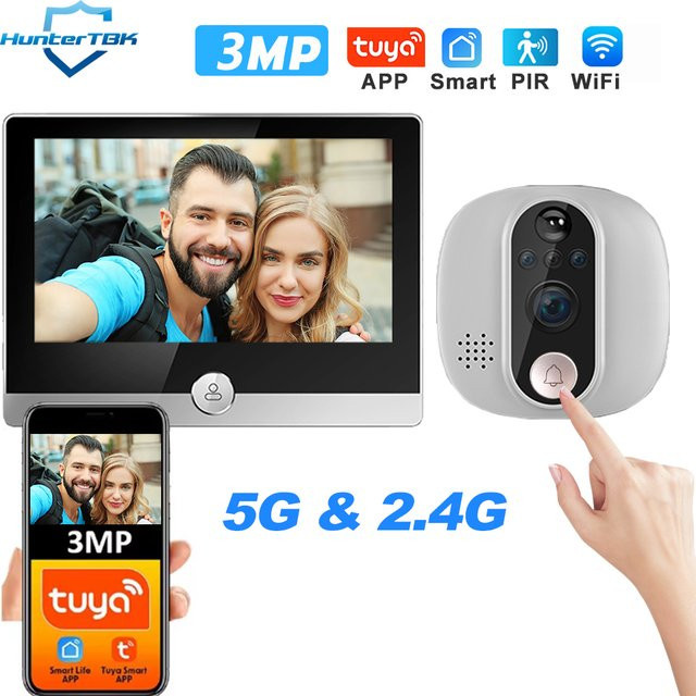 HunterTBK Smart Life Tuya WLAN-Türklingel mit 3MP Kamera, 1080P Auflösung, 5G/2.4G WLAN, 5000mAh Akku, PIR-Bewegungsmelder und IR Digitaler Türspion - Bild 1