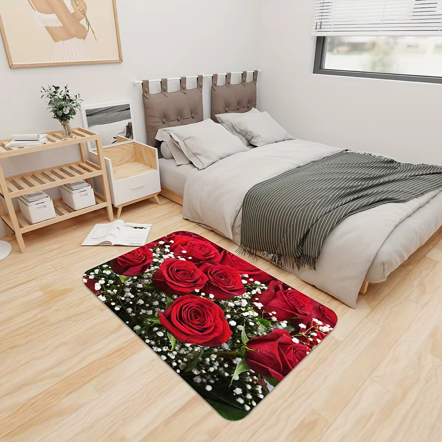 VIKAMA Teppich mit romantischem Rosendruck in Rot, rutschfest und schmutzabweisend, ideal für Küche, Badezimmer oder Eingangsbereich - Bild 3