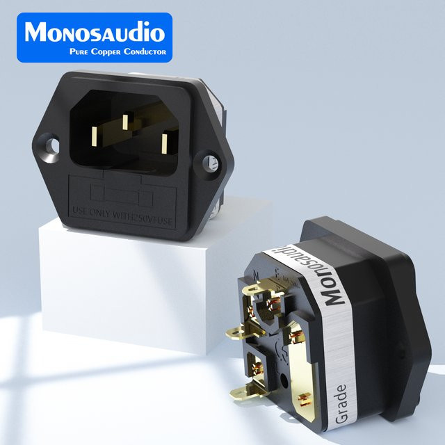 Monosaudio IF76G/R IEC 320 C14 Buchse aus reinem Kupfer mit 24K vergoldetem 2-poligem Anschluss und Erdschluss sowie Sicherungshalter in Schwarz - Bild 1