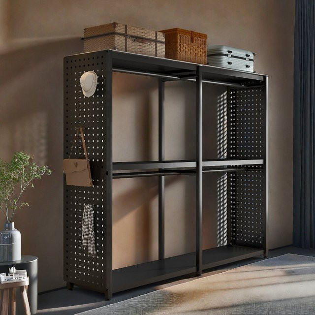 Kleiderschrank aus Metall im Industrial-Design mit offenen Regalfächern und Kleiderstange, Schwarz Matt - Bild 1