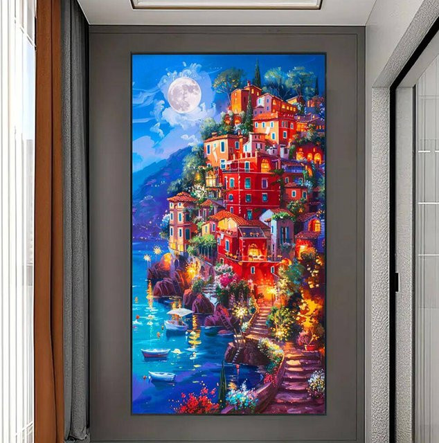 HUACAN Diamant-Mosaik-Malerei Landschaft Haus Mond Wanddekoration, Mehrfarbig, B/H: 70 x 40 cm - Bild 1