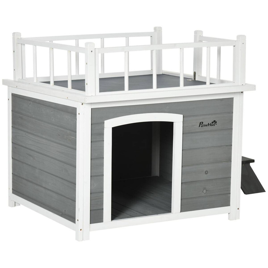 PawHut Hundehütte aus Tannenholz mit Balkon, Treppe und Fenster in Hellgrau, B/H/T: 77 x 121 x 78 cm - Bild 4