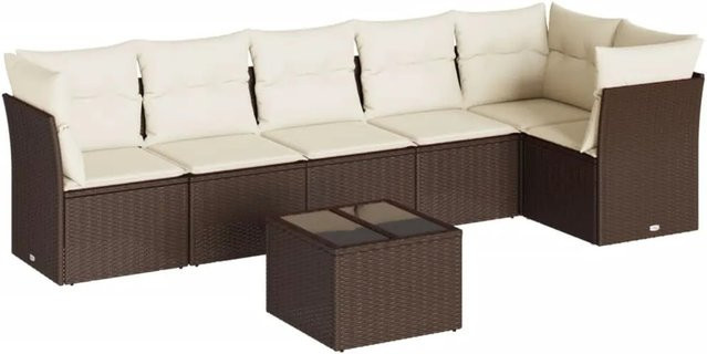 vidaXL 7-tlg. Garten-Sitzgruppe in L-Form aus Polyrattan mit Kissen in Braun - Bild 1