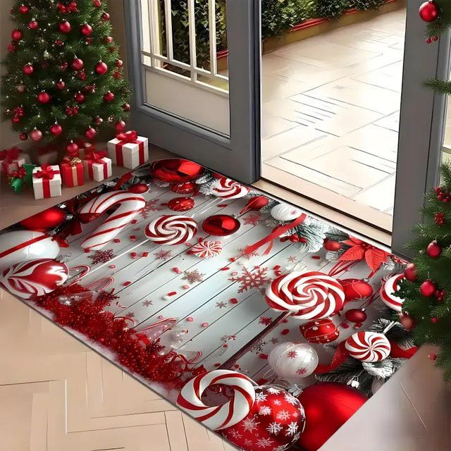 VIKAMA Weihnachtliche Fußmatte mit Motiv aus rot-weißen Süßigkeiten und Lebkuchen in Multicolor für Haustür, Küche oder Wohnzimmer - Bild 1