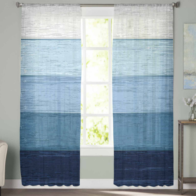 Super Six Transparente Tüll-Vorhänge im Ländlichen Stil mit blauem Farbverlauf und Streifenmuster, Farbe: Blau/Grau, B: 135 cm, H: 114 cm - Bild 3