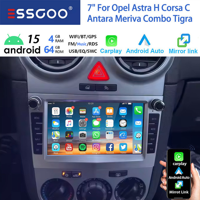 ESSGOO Android 14 Autoradio mit 7 Zoll Display, 64GB, Wireless CarPlay und Android Auto, GPS, Bluetooth, Schwarz, passend für Opel Astra G H, Corsa C D und Vectra - Bild 1
