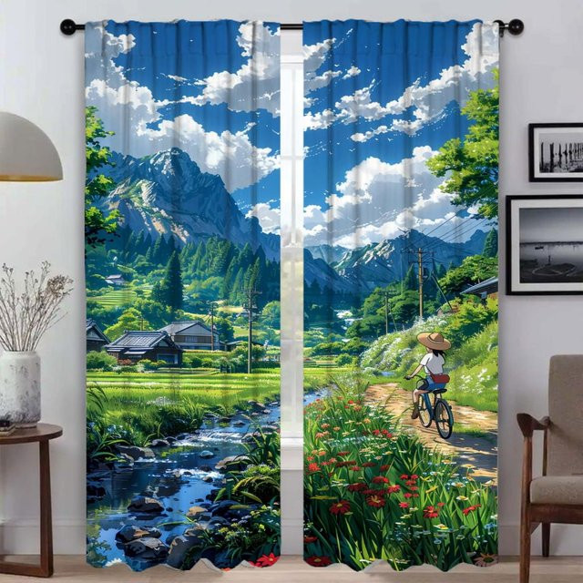 Sommer Verdunkelungsvorhang Set aus 2 Paneelen mit Tüll-Design für Schlafzimmer und Raumteiler, Mehrfarbig, B: 50 cm, H: 70 cm - Bild 1