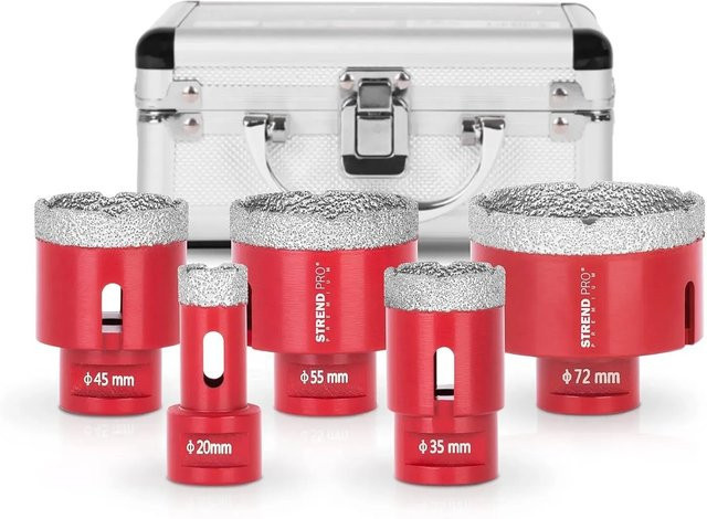 PROREGAL Diamant Bohrkronenaufsatz-Set Premium Crystal in Rot für Fliesen, Glas und Feinsteinzeug, passend für Winkelschleifer und Flex mit M14 Anschluss, Durchmesser: 20 mm, 35 mm, 45 mm, 55 mm, 72 mm - Bild 1