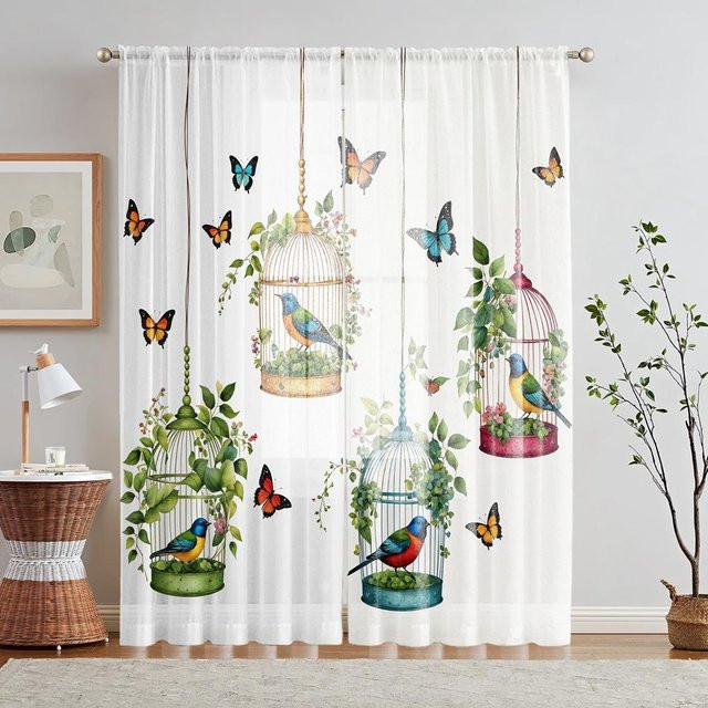 2er-Set halbtransparente Vorhänge mit Schmetterlings- und Vogelprint in Weiß und Multicolour, B: 132 cm, H: 160 cm - Bild 1