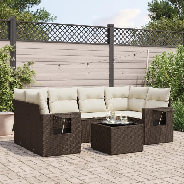 vidaXL 7-teilige Garten-Sofagarnitur in L-Form mit Kissen, Braun, Polyrattan und pulverbeschichtetem Stahl - Bild 2