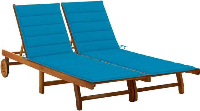 vidaXL 2-Personen-Sonnenliege aus Akazie Massivholz mit blauen Auflagen und Rollen - Bild 1