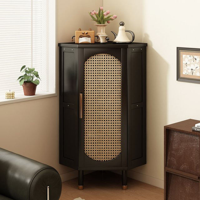 LIUSHADUOLA Eckschrank Retro mit Rattan-Design in Schwarz - Bild 1