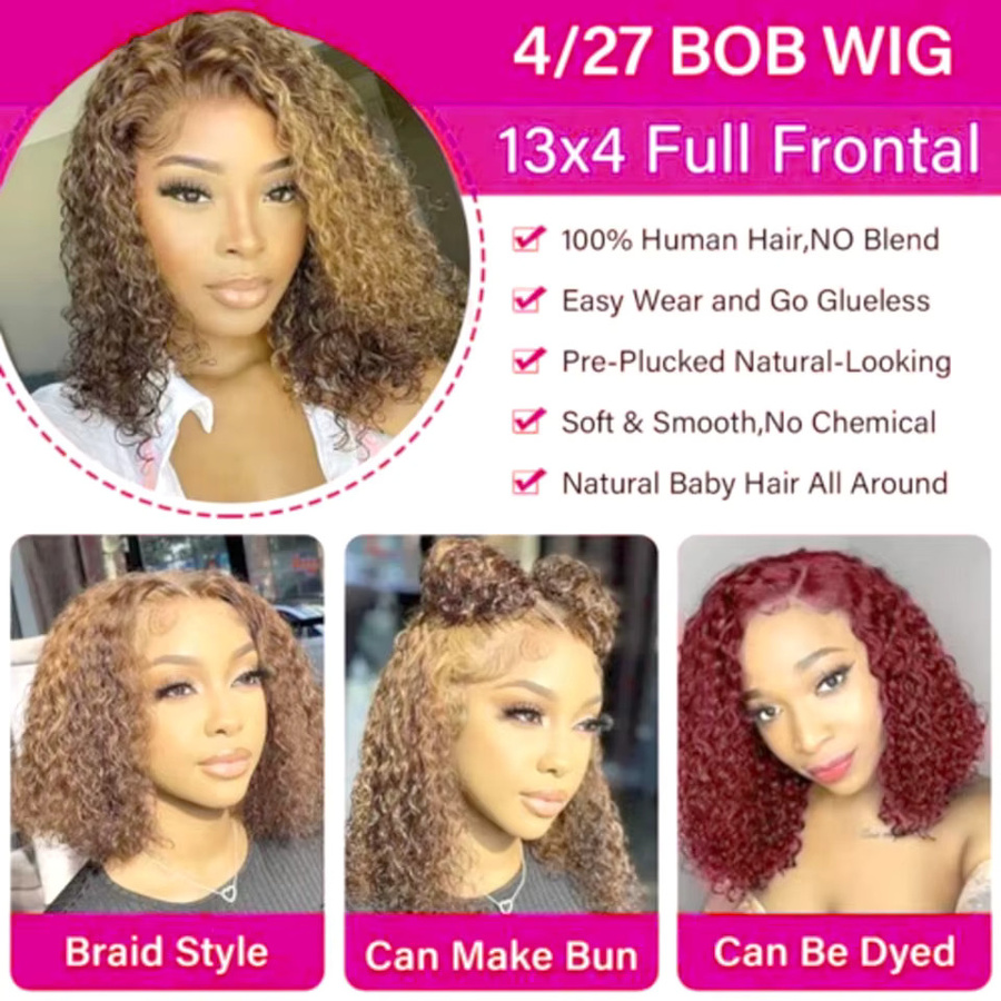 Doralia Bob Perücke, Deep Curly Highlight 4/27, 16 Zoll, 100 % Echthaar, HD Lace Frontal - Bild 5
