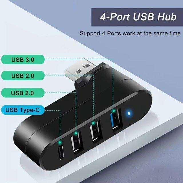 Drehbarer USB 3.0 Hub mit 4 Ports für Computer und Laptops, USB-Datenübertragungs-Expander in Schwarz oder Blau - Bild 1